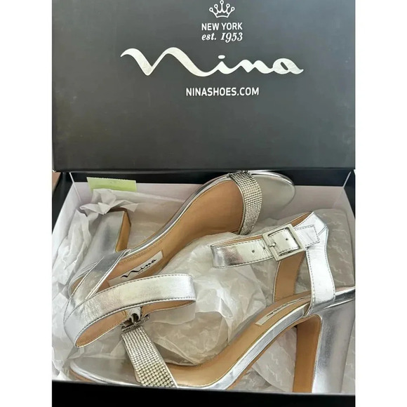 Nina Solange My  Silver Metallic Rhinestone Ankle Strap Chunky Heel Women's 9 M - Picture 6 of 7